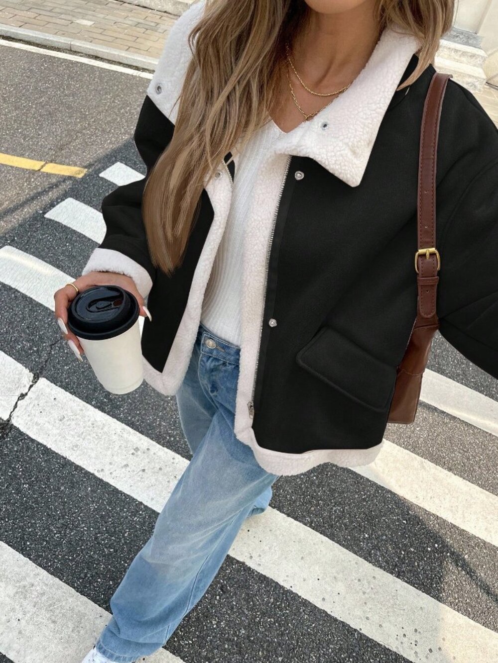 Black Casual Women's Contrast Color Long Sleeve Zipper Front Jacket